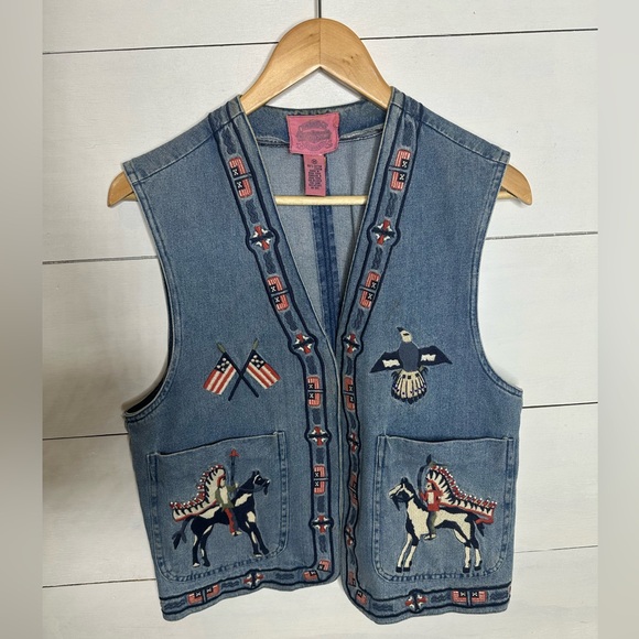 Cambridge Country Store Jackets & Blazers - **SOLD**Vintage Americana Western Denim Vest | Embroidered Horses, Eagle & Flags